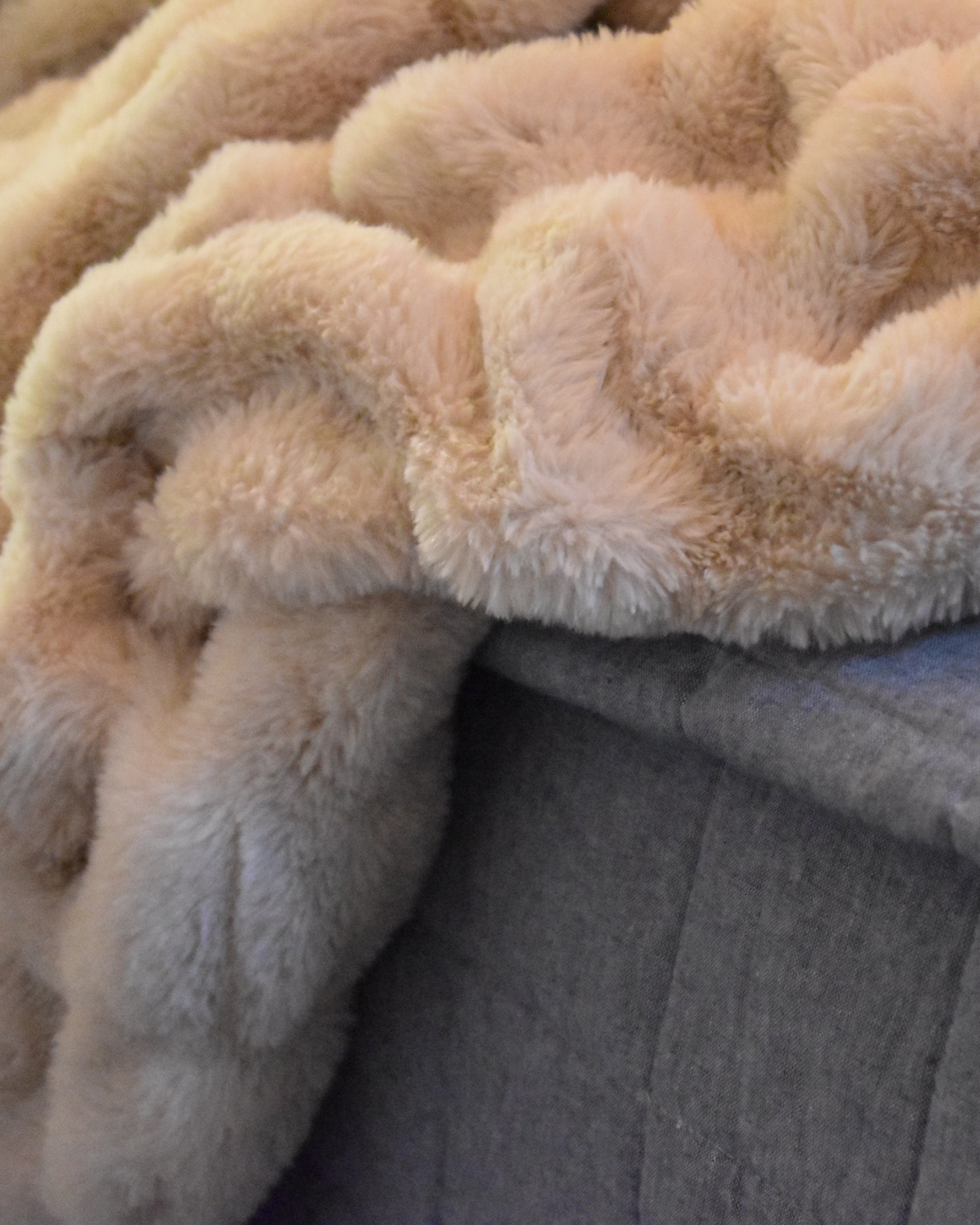 Close-up of a fluffy beige blanket draped over a surface.